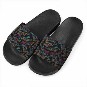 Chinese Dragon Pattern Print Black Slide Sandals