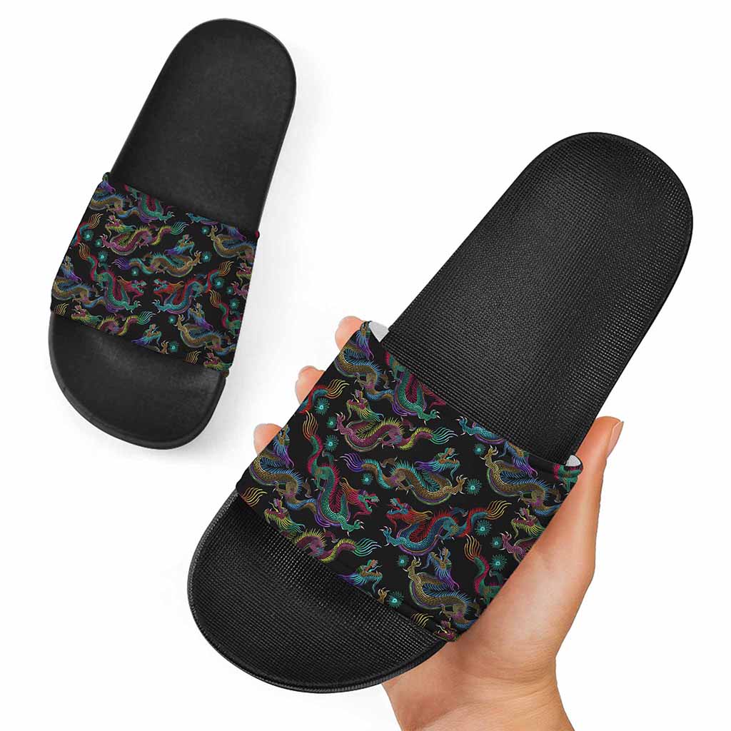 Chinese Dragon Pattern Print Black Slide Sandals