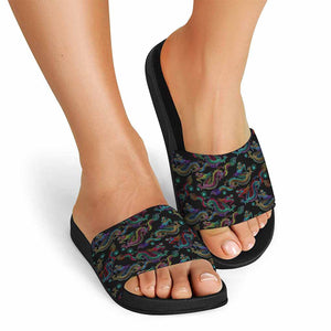 Chinese Dragon Pattern Print Black Slide Sandals