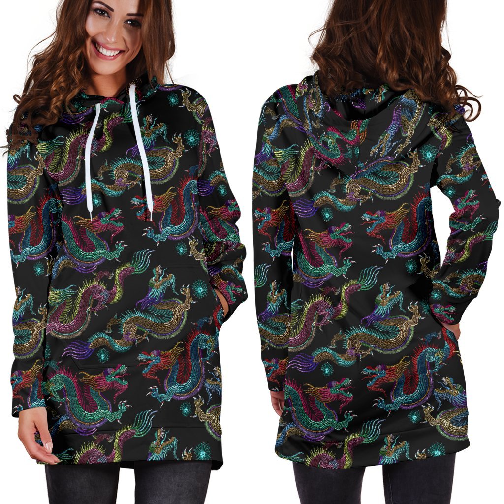 Chinese Dragon Pattern Print Hoodie Dress GearFrost