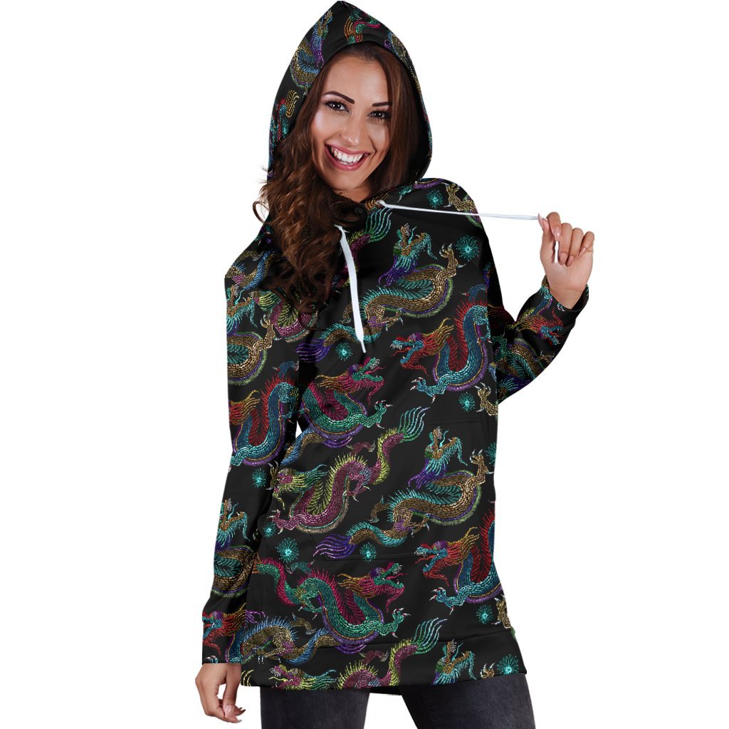 Chinese Dragon Pattern Print Hoodie Dress GearFrost