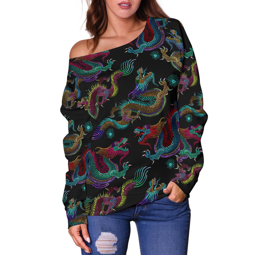 Chinese Dragon Pattern Print Off Shoulder Sweatshirt GearFrost