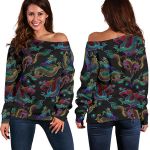 Chinese Dragon Pattern Print Off Shoulder Sweatshirt GearFrost