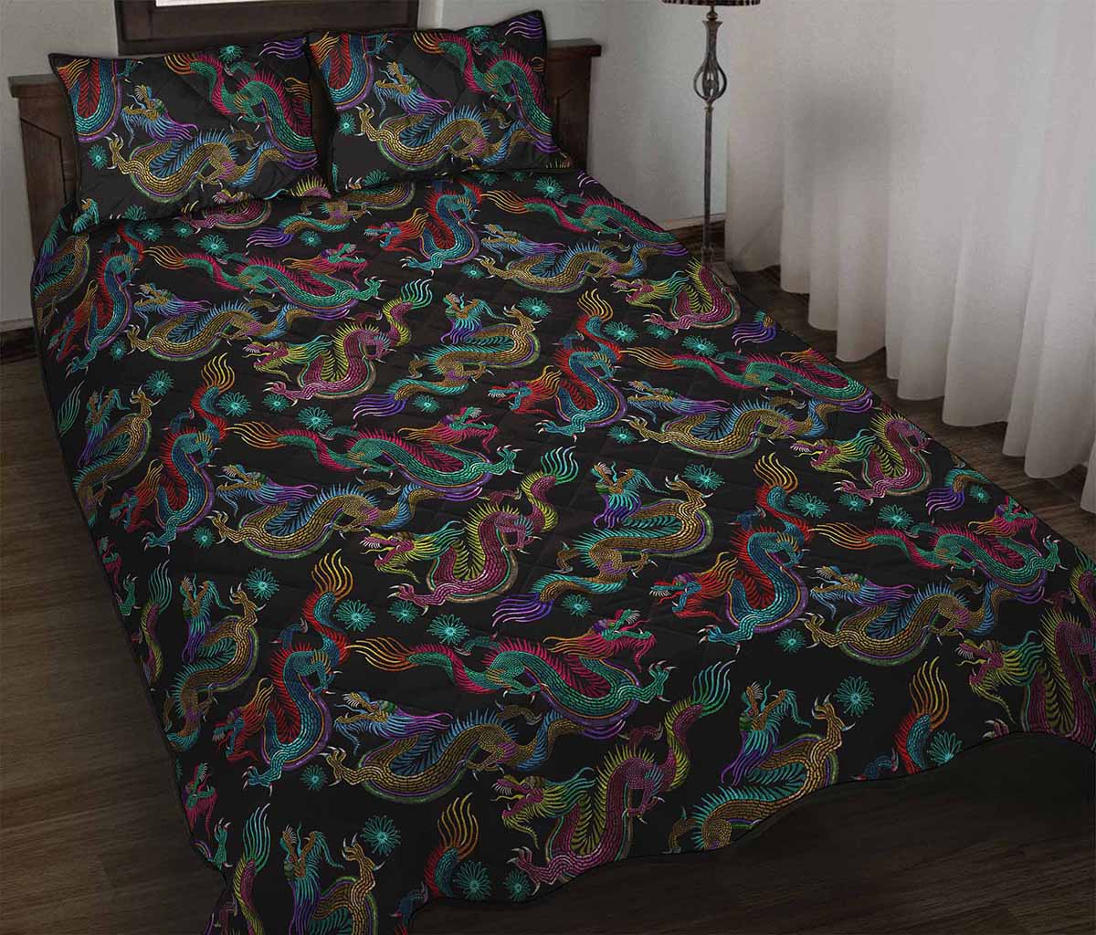 Chinese Dragon Pattern Print Quilt Bed Set