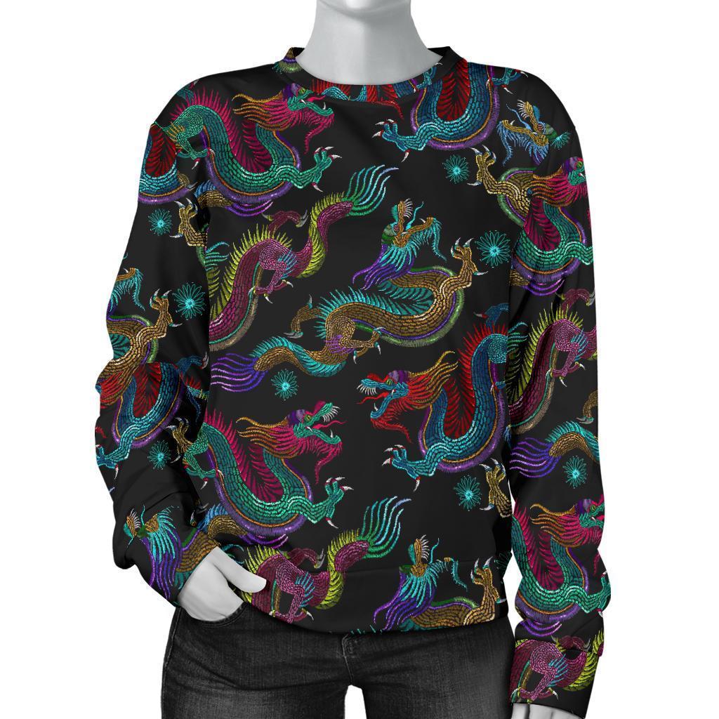 Chinese Dragon Pattern Print Women's Crewneck Sweatshirt GearFrost