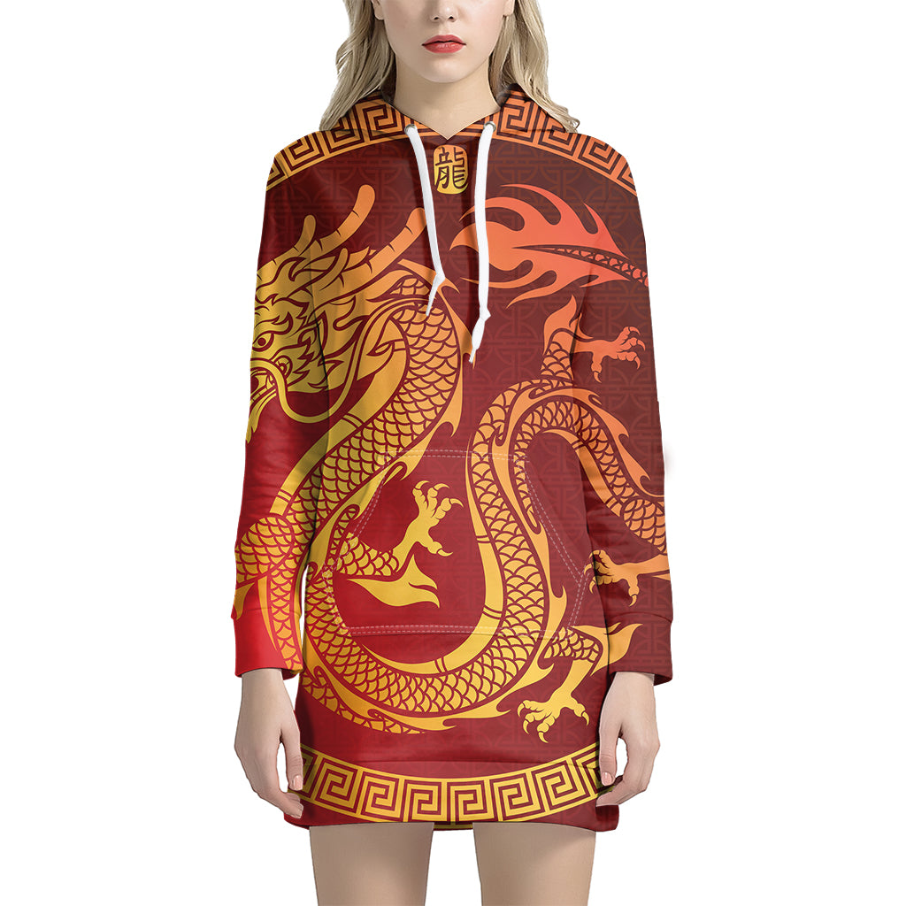 Chinese Dragon Zodiac Sign Print Pullover Hoodie Dress