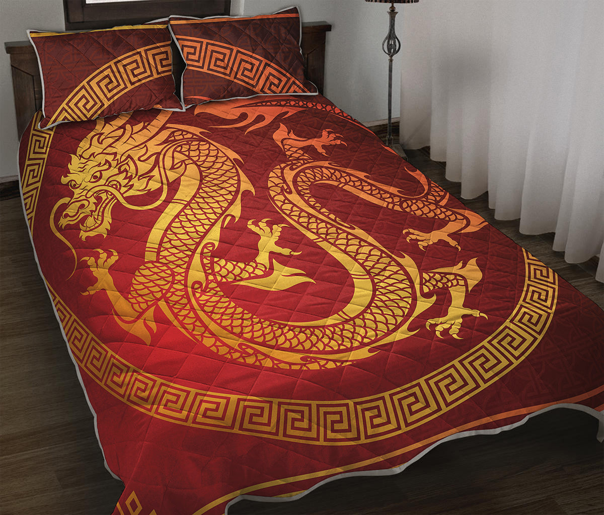 Chinese Dragon Zodiac Sign Print Quilt Bed Set
