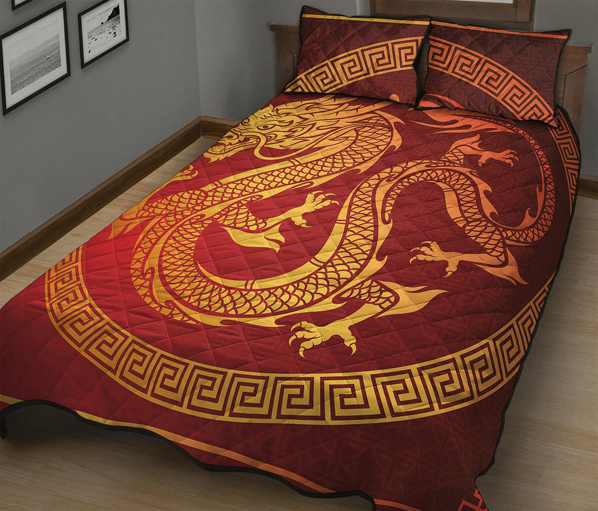 Chinese Dragon Zodiac Sign Print Quilt Bed Set
