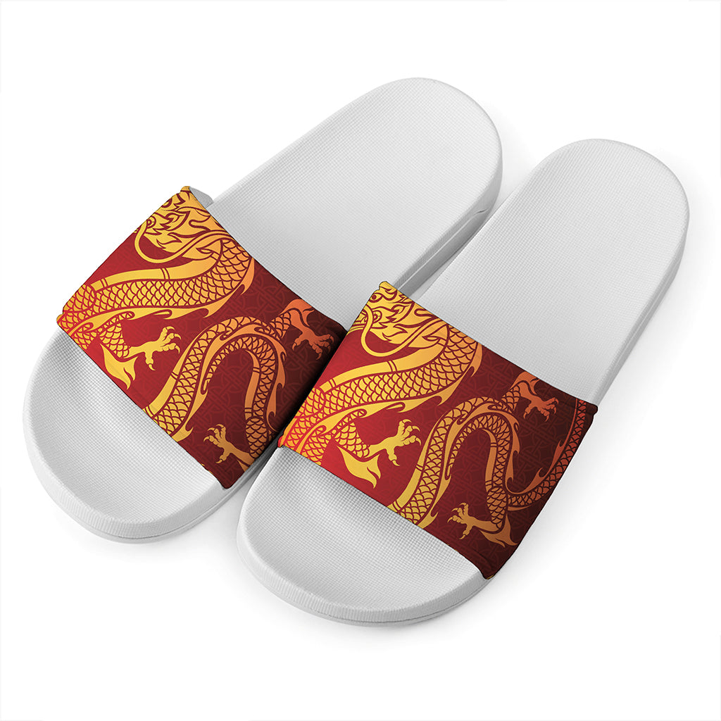 Chinese Dragon Zodiac Sign Print White Slide Sandals