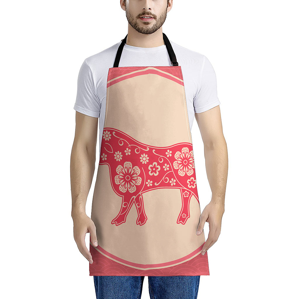 Chinese Flower Ox Zodiac Print Apron