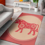 Chinese Flower Ox Zodiac Print Area Rug