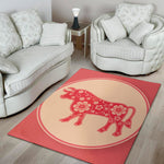 Chinese Flower Ox Zodiac Print Area Rug