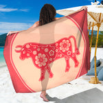 Chinese Flower Ox Zodiac Print Beach Sarong Wrap