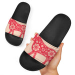 Chinese Flower Ox Zodiac Print Black Slide Sandals