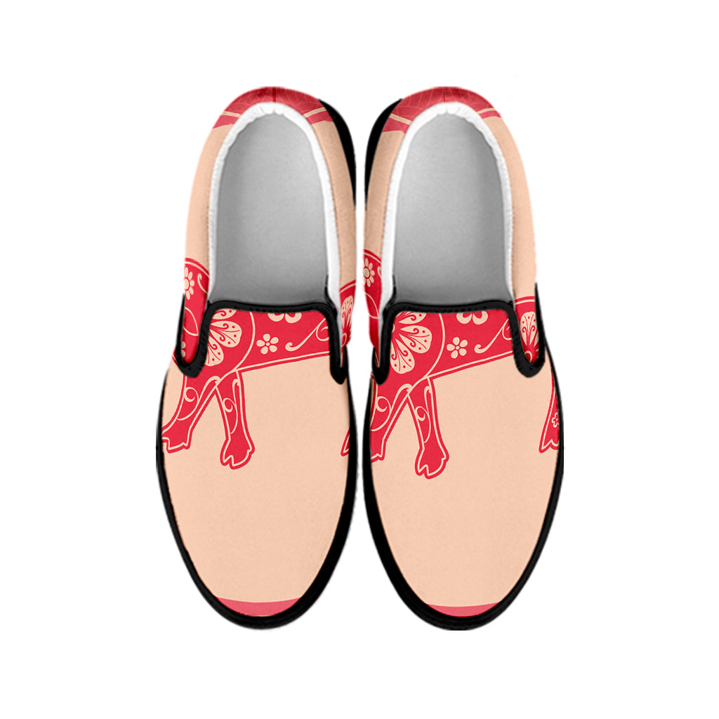 Chinese Flower Ox Zodiac Print Black Slip On Shoes