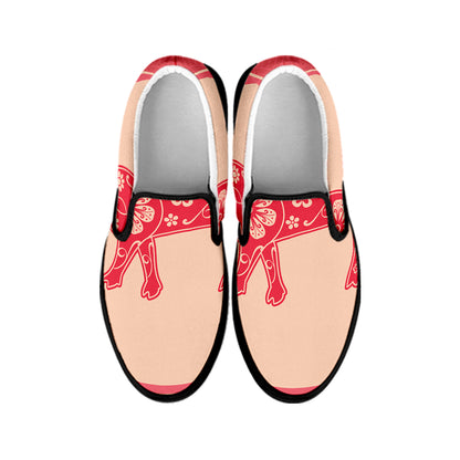 Chinese Flower Ox Zodiac Print Black Slip On Shoes