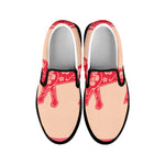 Chinese Flower Ox Zodiac Print Black Slip On Shoes