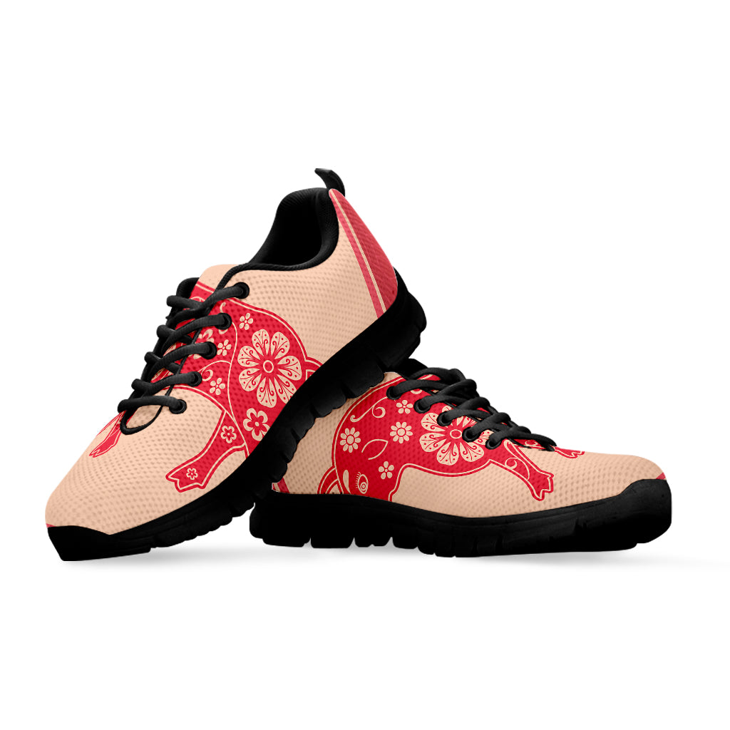 Chinese Flower Ox Zodiac Print Black Sneakers