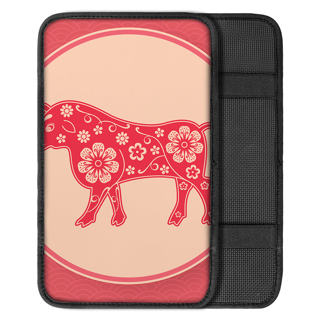 Chinese Flower Ox Zodiac Print Car Center Console Cover