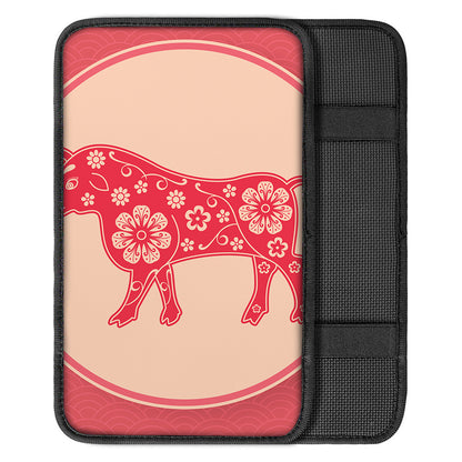 Chinese Flower Ox Zodiac Print Car Center Console Cover