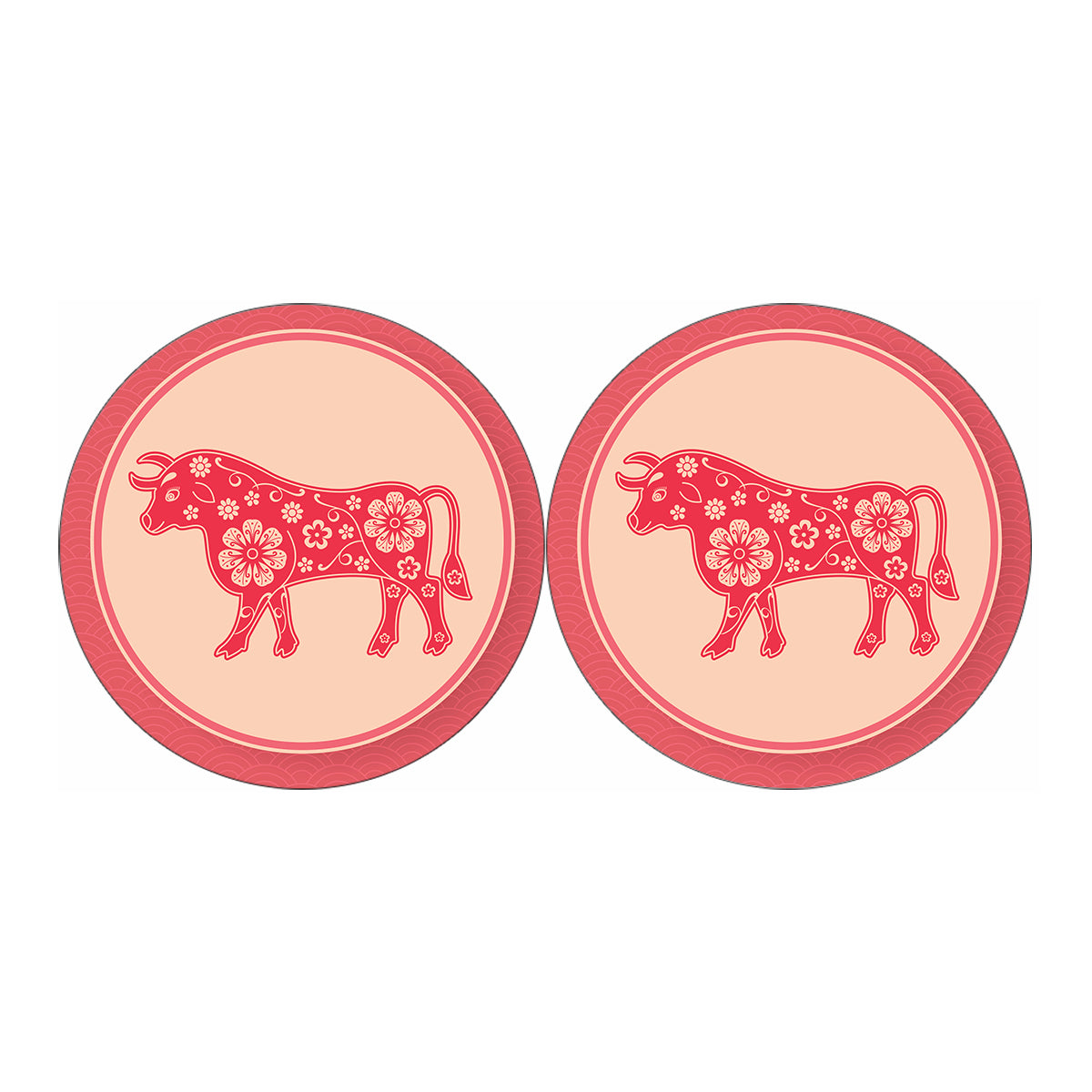 Chinese Flower Ox Zodiac Print Car Coasters