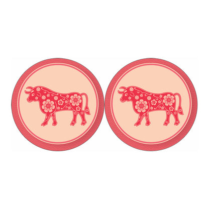 Chinese Flower Ox Zodiac Print Car Coasters