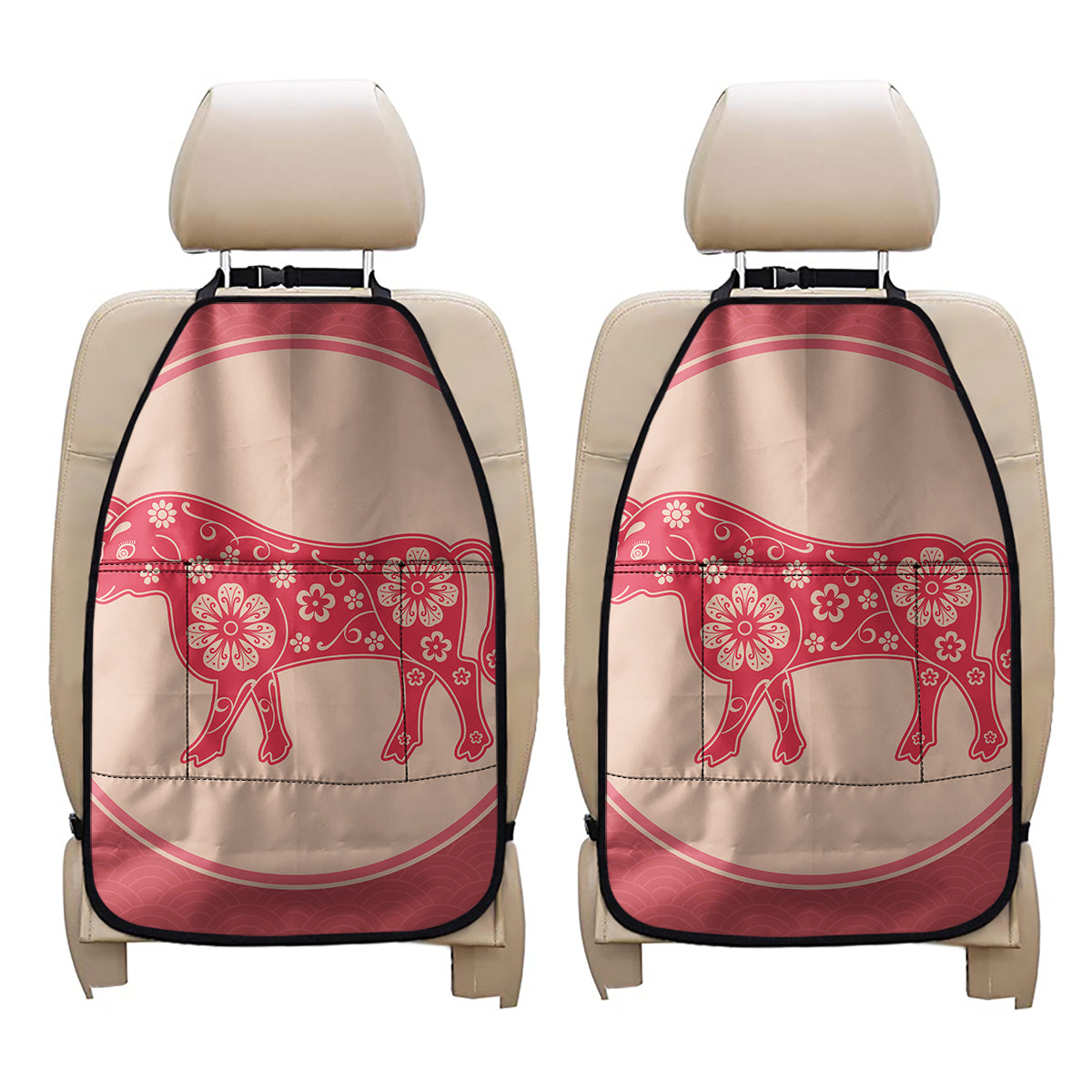 Chinese Flower Ox Zodiac Print Car Seat Organizers