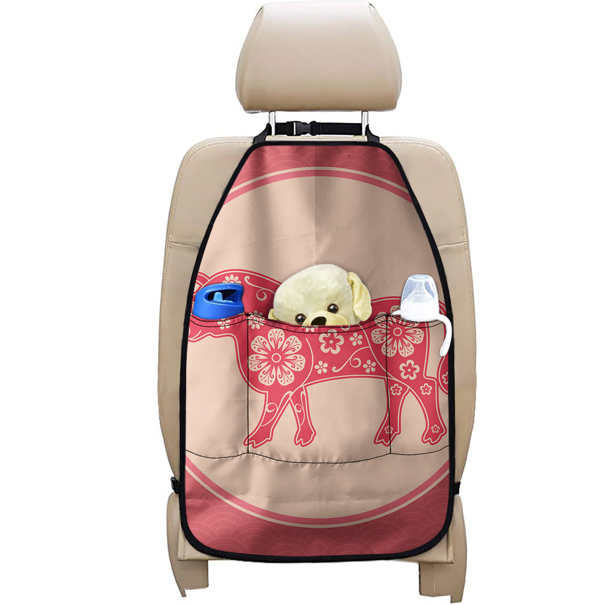 Chinese Flower Ox Zodiac Print Car Seat Organizers