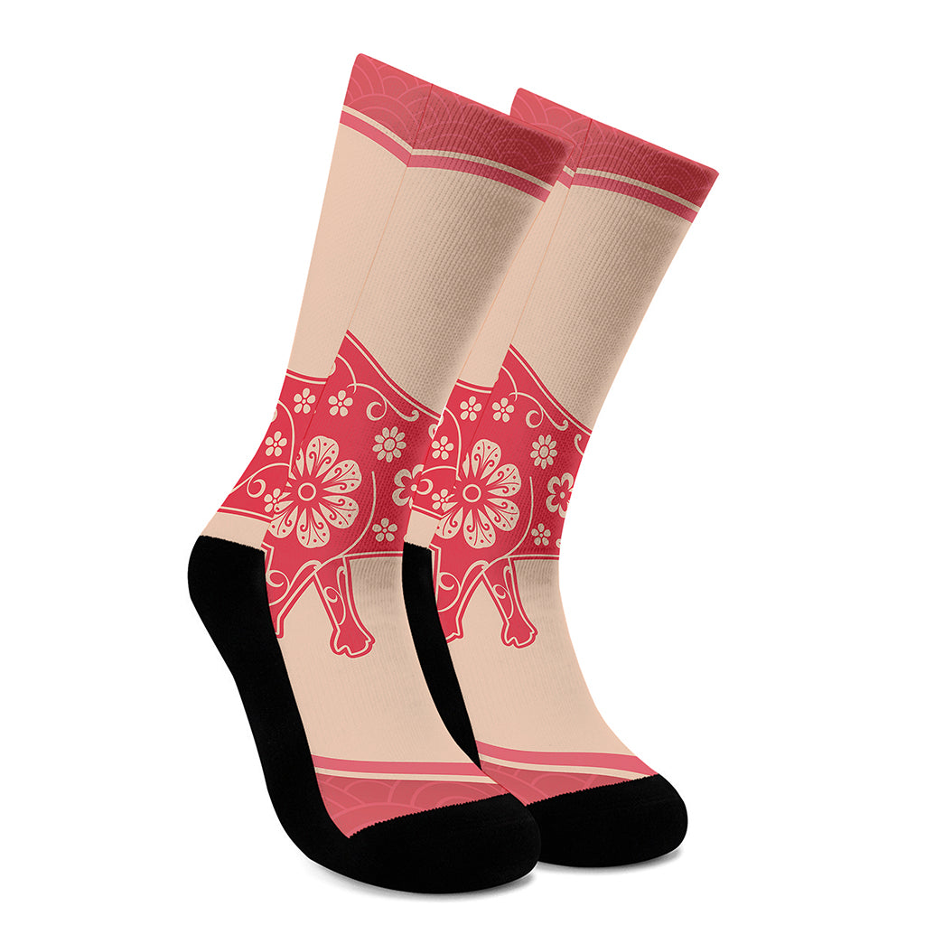 Chinese Flower Ox Zodiac Print Crew Socks