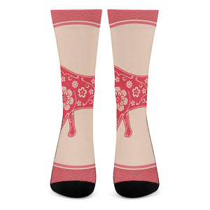 Chinese Flower Ox Zodiac Print Crew Socks