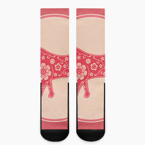 Chinese Flower Ox Zodiac Print Crew Socks