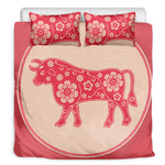 Chinese Flower Ox Zodiac Print Duvet Cover Bedding Set