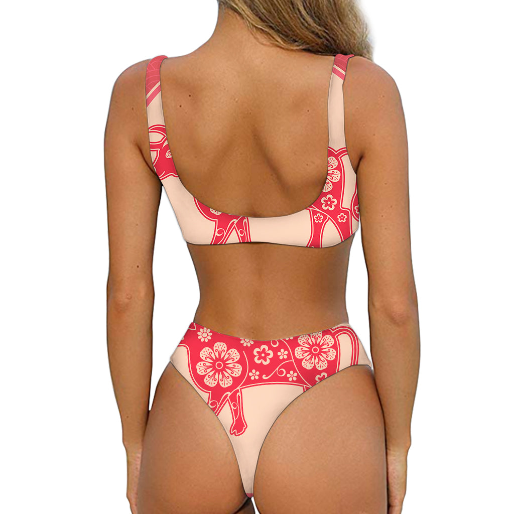 Chinese Flower Ox Zodiac Print Front Bow Tie Bikini