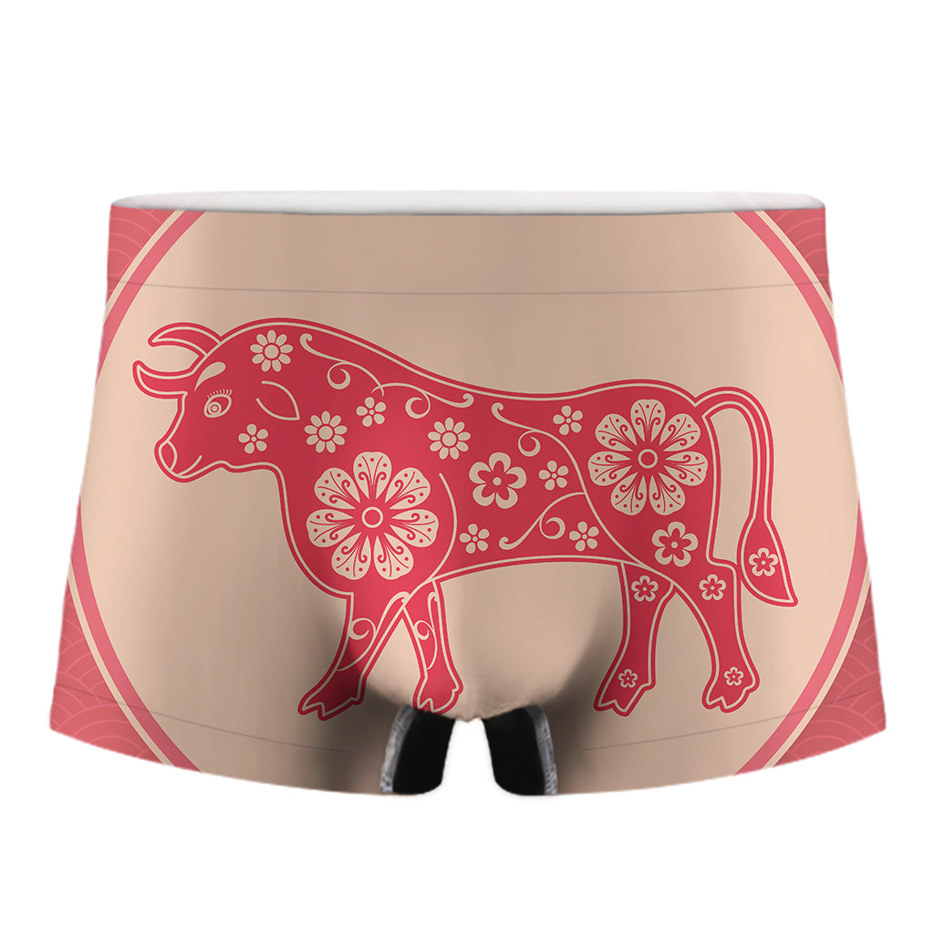 Chinese Flower Ox Zodiac Print Men's Boxer Briefs