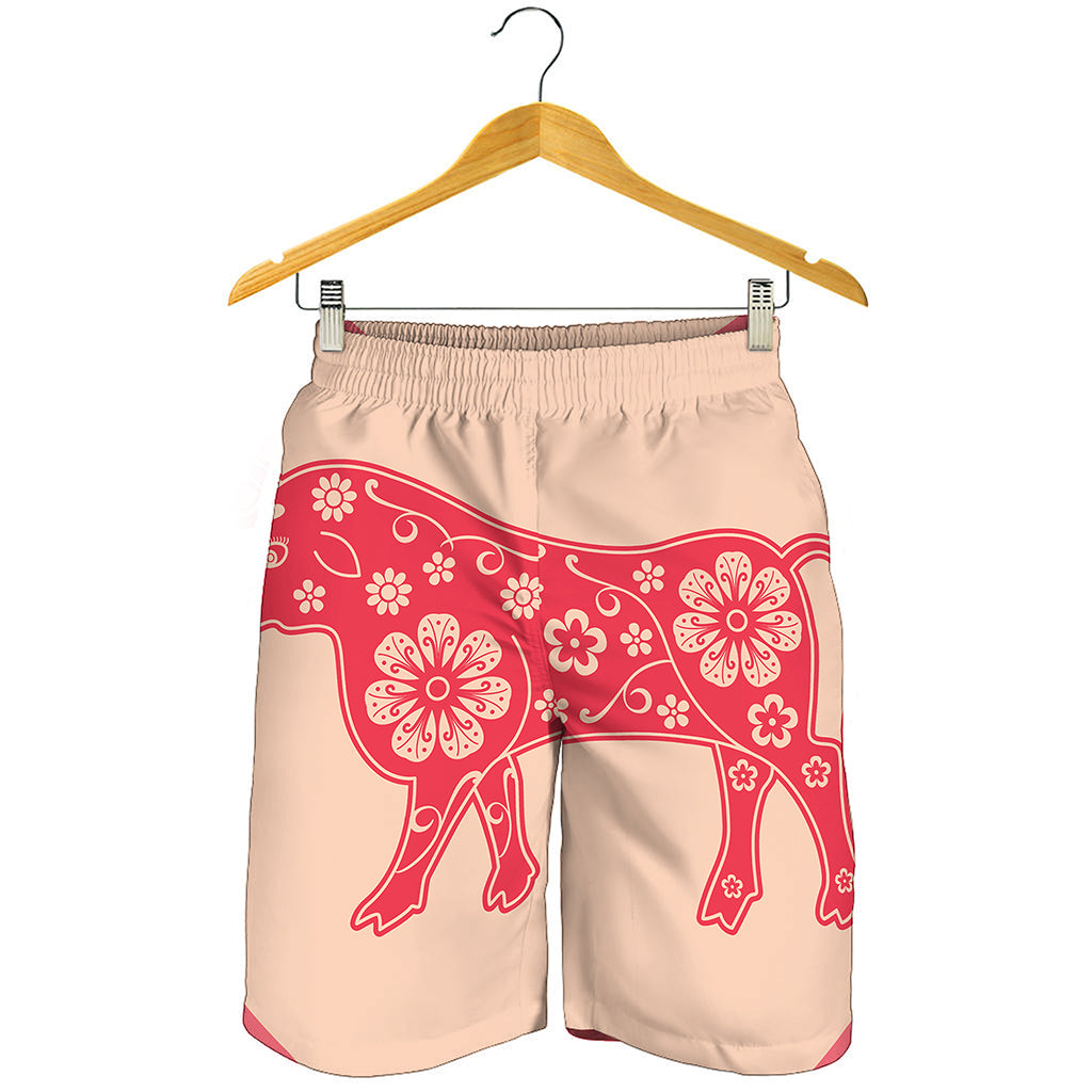 Chinese Flower Ox Zodiac Print Men's Shorts