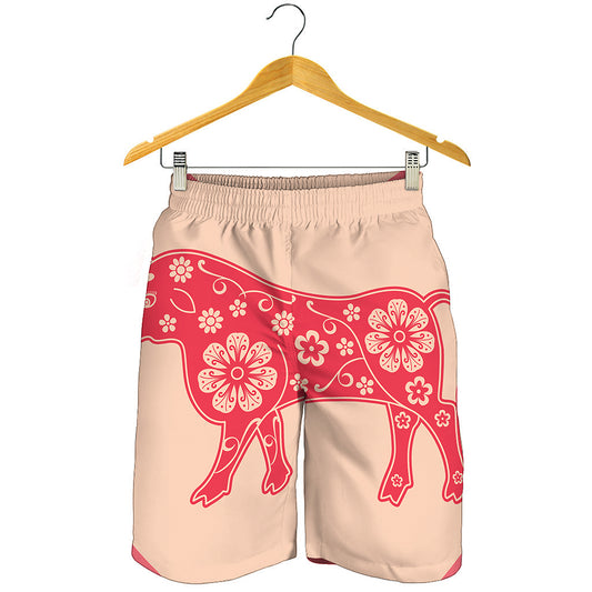 Chinese Flower Ox Zodiac Print Men's Shorts