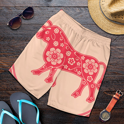 Chinese Flower Ox Zodiac Print Men's Shorts
