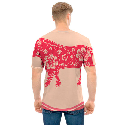Chinese Flower Ox Zodiac Print Men's T-Shirt