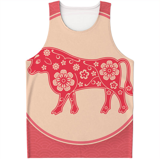 Chinese Flower Ox Zodiac Print Men's Tank Top