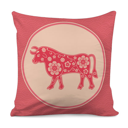 Chinese Flower Ox Zodiac Print Pillow Cover