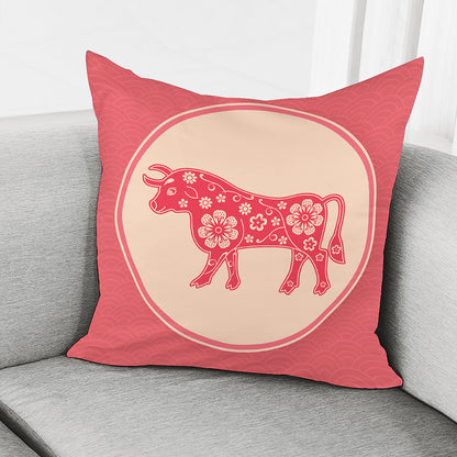 Chinese Flower Ox Zodiac Print Pillow Cover