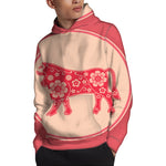 Chinese Flower Ox Zodiac Print Pullover Hoodie