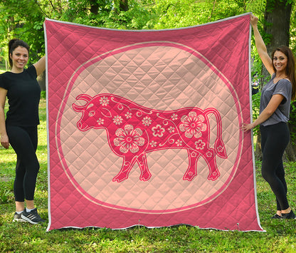 Chinese Flower Ox Zodiac Print Quilt