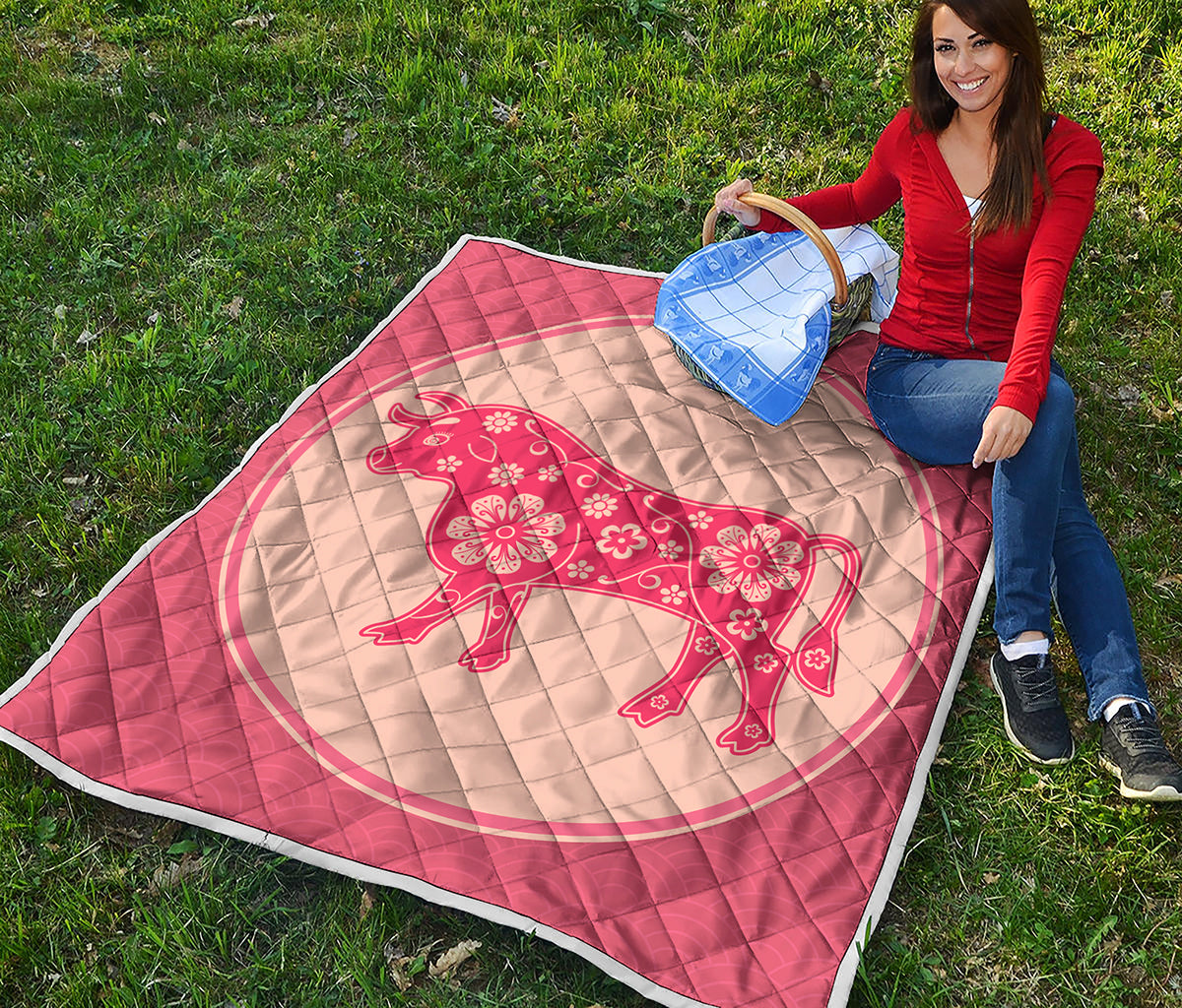 Chinese Flower Ox Zodiac Print Quilt