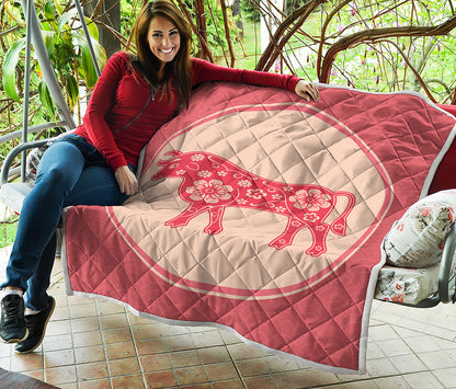 Chinese Flower Ox Zodiac Print Quilt