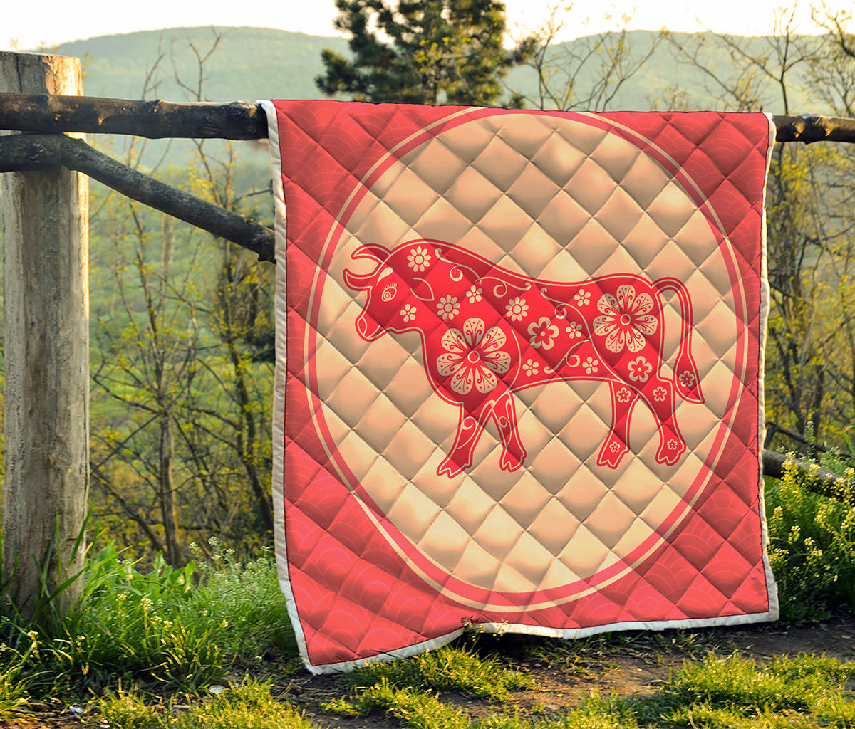 Chinese Flower Ox Zodiac Print Quilt