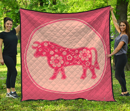Chinese Flower Ox Zodiac Print Quilt