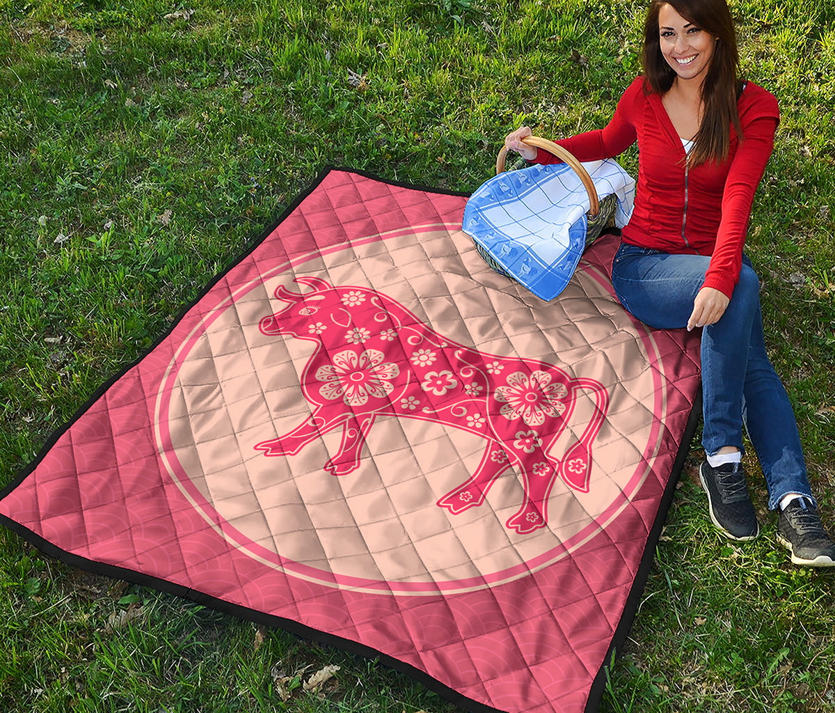 Chinese Flower Ox Zodiac Print Quilt