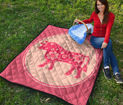 Chinese Flower Ox Zodiac Print Quilt