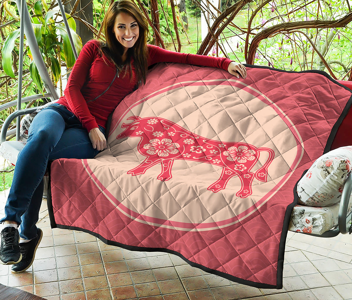 Chinese Flower Ox Zodiac Print Quilt